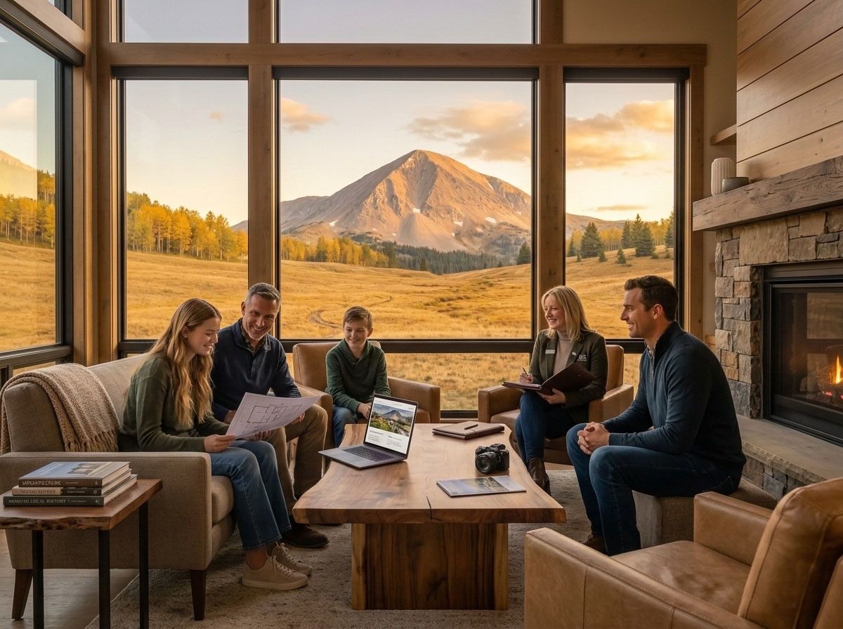 A closing table meeting with a mountain view in the background