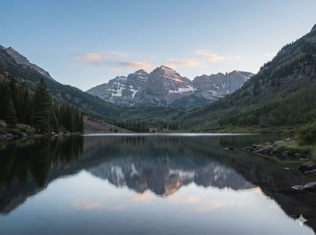 Maroon Bells reflected in a mountain lake